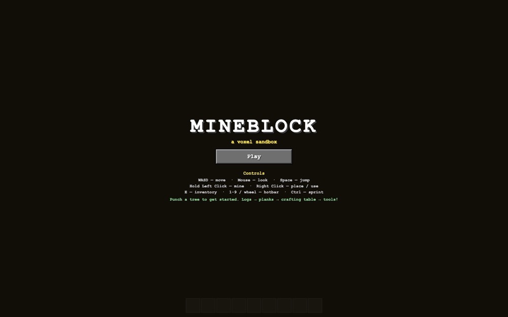 Title screen of Mineblock, a browser voxel sandbox game