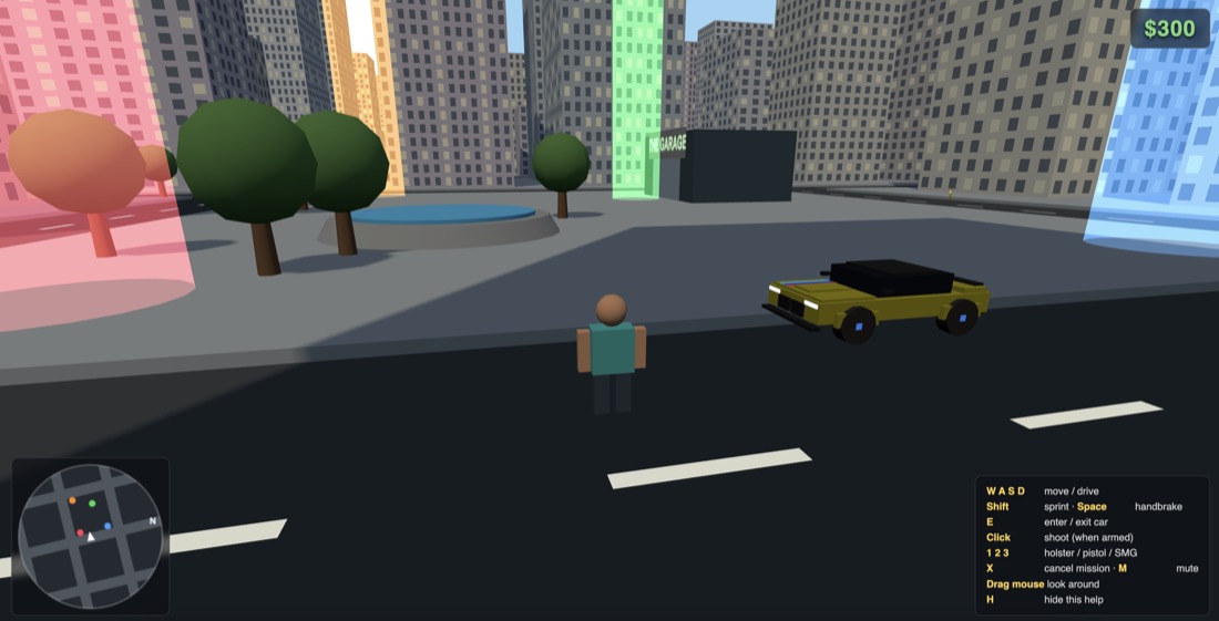 Screenshot of Vice Shores, showing the player on foot near a car by the plaza fountain