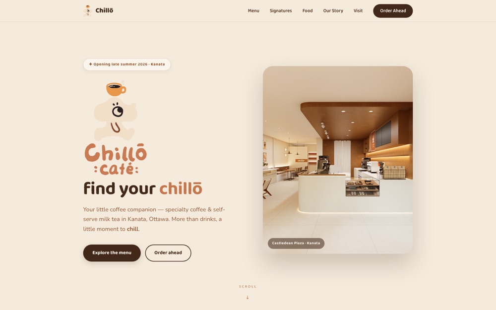 Chillō Café website — hero page with brand mascot and café interior